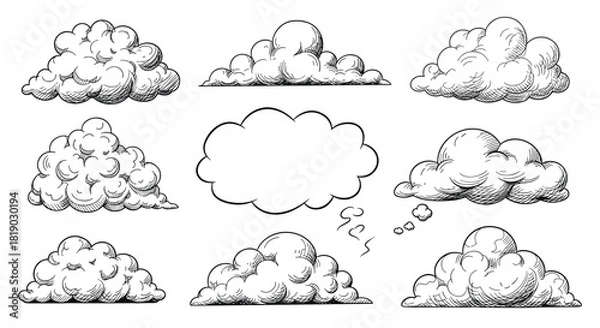 Fototapeta Hand-drawn cloud illustrations set, featuring various types like cumulus, speech, and thought bubbles in a classic sketch style.