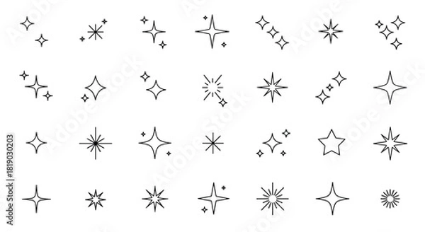 Fototapeta A diverse collection of outline star and sparkle icons, illustrating various styles of glitter and light effects.