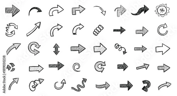 Fototapeta A diverse collection of hand-drawn doodle arrows in various styles and directions, ideal for creative design and user interface elements.