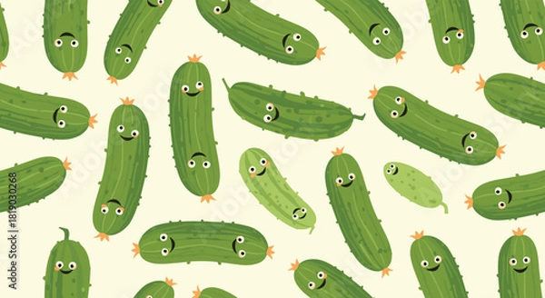 Fototapeta A whimsical and playful seamless pattern featuring various cartoon cucumbers and gherkins with cute, smiling faces scattered across a light background.