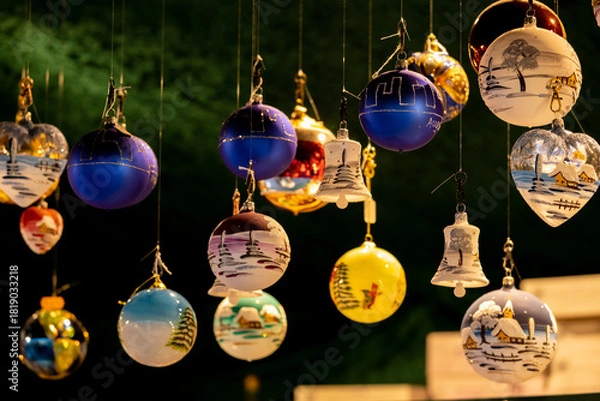 Fototapeta Christmas decoration with ornaments lights fir branches golden baubles red ribbons and festive details creating holiday atmosphere indoor seasonal design bright colorful winter celebration style scene