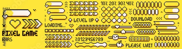 Fototapeta Pixel game bars. 8 bit loading lines in different shapes on yellow background.