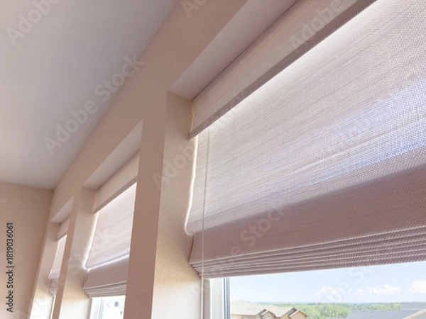 Obraz Sunlit Room With Roman Shades And Triple Window