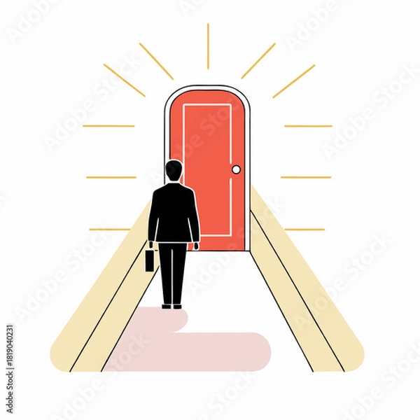 Obraz An modern vector style silhouetted man in a suit walking toward a glowing orange doorway on a minimalist path, symbolizing opportunity in clean and white background.