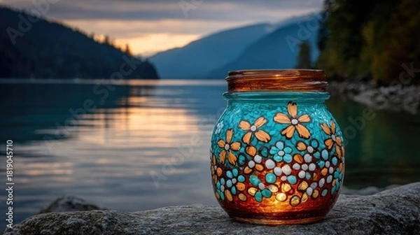 Obraz Hand-painted flower design on a glass jar by the lake at sunset.