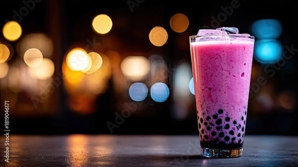 Fototapeta Pink drink with dark tapioca pearls on a dark surface.