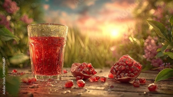 Obraz Pomegranate juice glass and fruit at sunset.