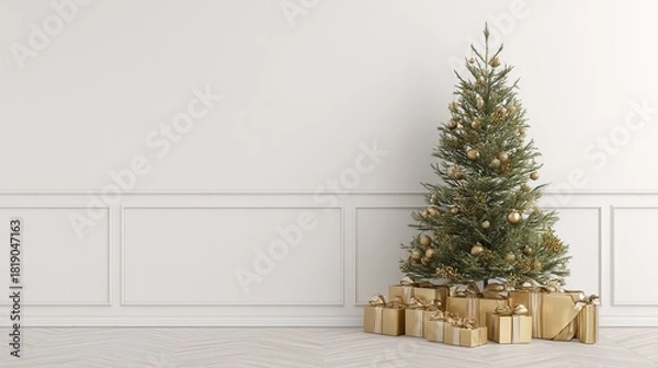 Fototapeta Christmas tree with golden star and presents on floor in empty room, 3D rendering illustration for banner design, high quality with copy space as Christmas background.