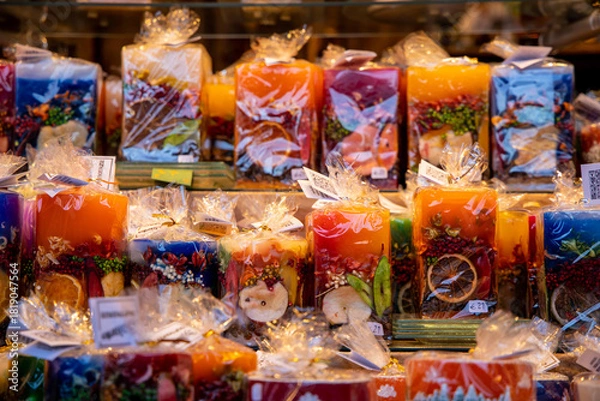 Fototapeta Christmas decoration with ornaments lights fir branches golden baubles red ribbons and festive details creating holiday atmosphere indoor seasonal design bright colorful winter celebration style scene