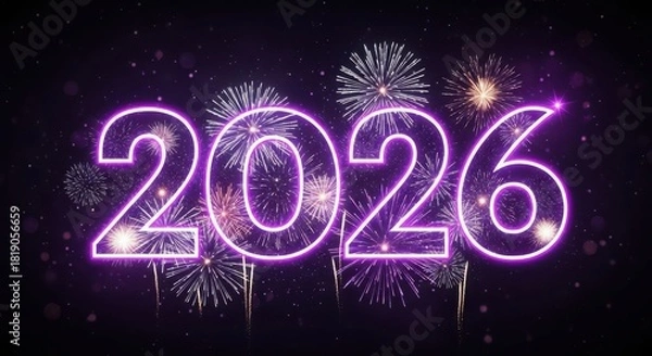 Obraz Year 2026 glowing purple numbers with festive fireworks display