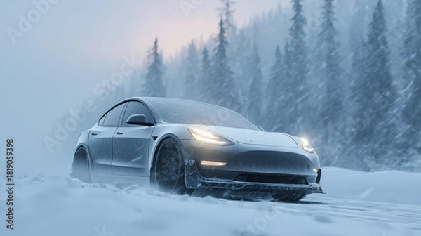 Obraz electric car driving through snowy winter forest road