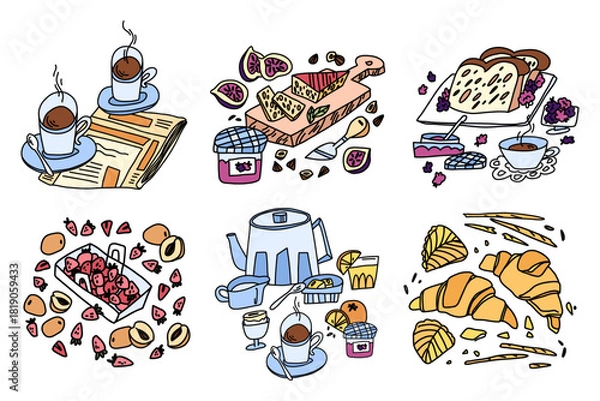 Obraz A large collection of European breakfast. Pastries, toast, tea, eggs, fruits, jams in a doodle style