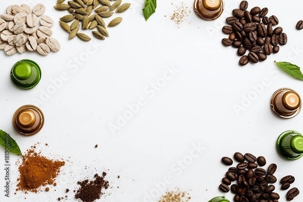 Obraz Overhead view of raw coffee beans and organic spices encircling white background with copy space,ideal for food blogging and culinary website visuals.