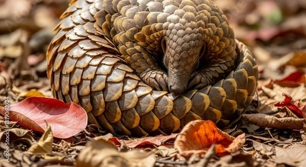 Fototapeta Close Up of Curled Up Pangolin on Forest Floor with Dry Leaves