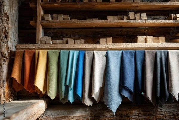 Fototapeta Colorful fabric swatches hang in a rustic wooden room with raw lumber shelving. Use to display craft materials, texture, and interior design concepts.