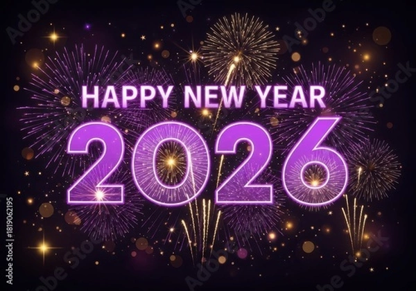 Obraz Happy new year 2026 celebration with purple and gold fireworks