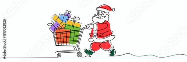 Fototapeta Santa Claus pushing shopping cart full of Christmas gifts, Santa shopping single line art with color accents