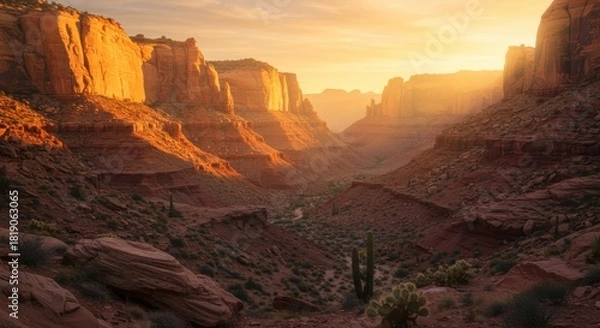 Fototapeta Towering sedimentary rock formations glow under warm sunlight within a deep arid canyon vista