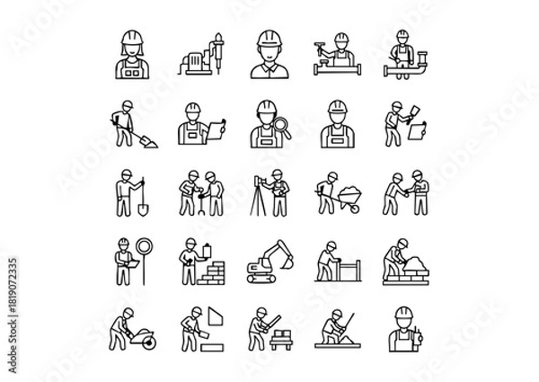 Fototapeta Black & White Construction Worker Icons: 25 Unique Vector Line Art, Vector Jobsite Personnel Set: Minimalist Monochrome Icons, The Complete Collection of Builder and Tool Iconography (Monoline)