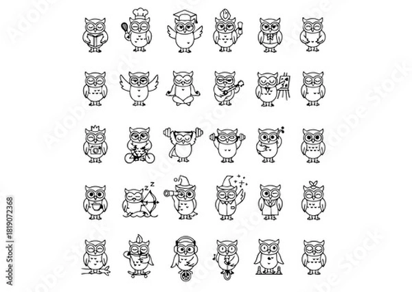 Fototapeta Black & White Owl Action Icons: Unique Vector Line Art, Vector Owl Activity Set: Minimalist Monochrome Icons, The Complete Collection of Owl Lifestyle Iconography (Monoline)