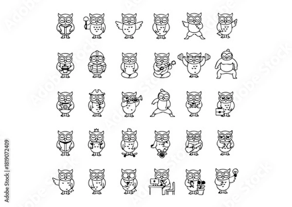 Fototapeta Black & White Owl Action Icons: Unique Vector Line Art, Vector Owl Activity Set: Minimalist Monochrome Icons, The Complete Collection of Owl Lifestyle Iconography (Monoline)