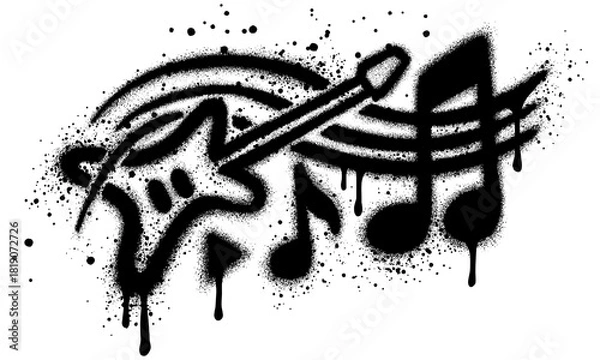 Fototapeta Graffiti guitar and music note symbols spray painted black on a white background.