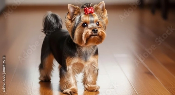 Obraz Adorable Yorkshire Terrier Dog with Red Bow on Head Standing on Wooden Floor.