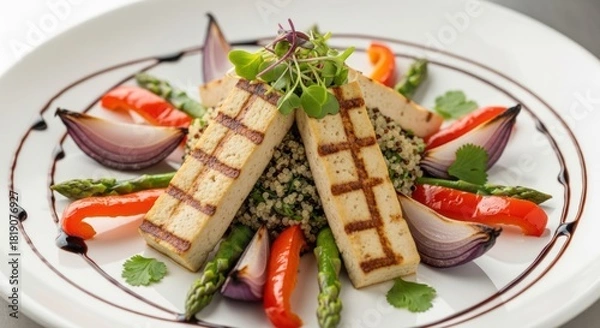 Obraz Artfully Plated Grilled Tofu Steaks on Quinoa with Roasted Asparagus and Balsamic Glaze