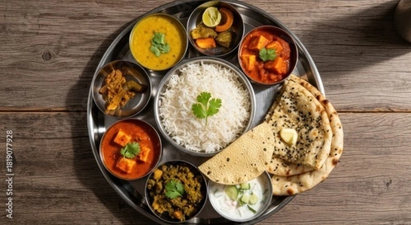 Obraz Authentic Indian Vegetarian Thali Feast: A Colorful Array of Curries, Rice, and Naan