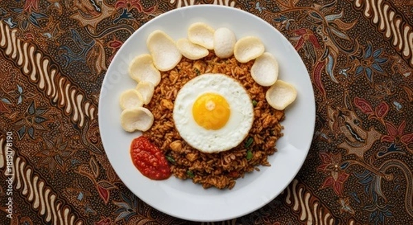 Obraz Authentic Indonesian Nasi Goreng with Egg and Crackers on a Batik Tablecloth