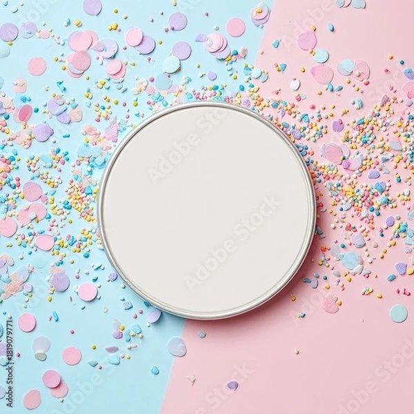 Obraz Circular blank plate on pink/blue split background with pastel sprinkles/confetti