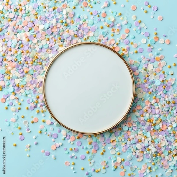 Obraz Empty round plate framed by pastel sprinkles on light blue background, top-down