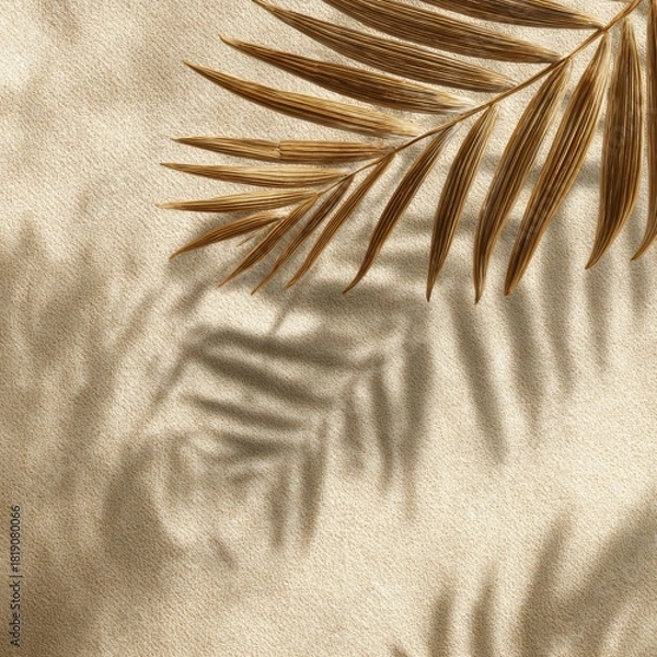 Obraz Dried palm leaf with shadow on beige textured background, natural tones