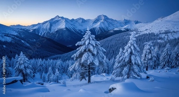 Obraz Blue Hour Stillness: Snow-Laden Pines Before a Majestic Mountain Range