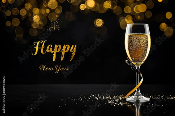 Obraz A glass of champagne with golden ribbon in new year party and text Happy New Year on fireworks in night sky background.