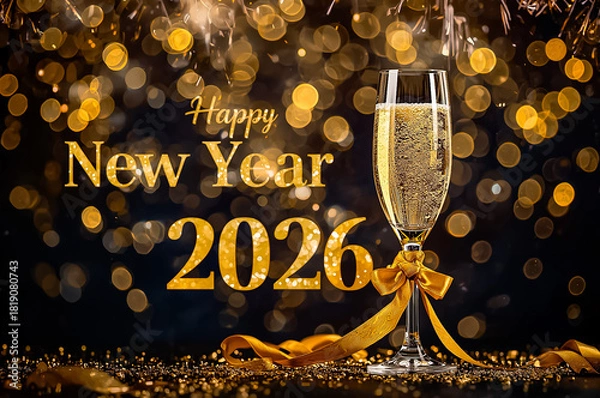 Obraz A new year card show a glass of champagne with golden ribbon and letter Happy New Year 2026 on fireworks in night sky background.