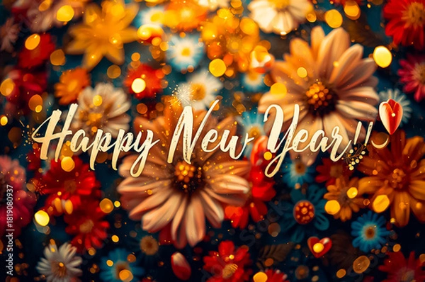 Fototapeta New year card with text Happy New Year on colorful flowers and bokeh background.