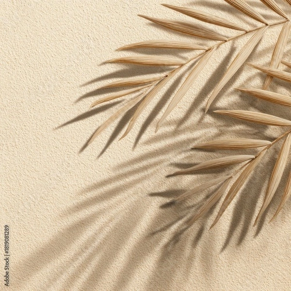 Obraz Dried palm leaf casts shadow on textured beige surface, close-up, soft light