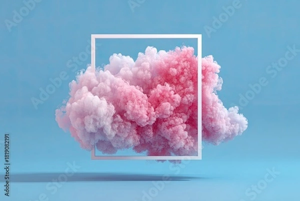 Obraz Pink and lavender cloudscape trapped in a white square against blue background
