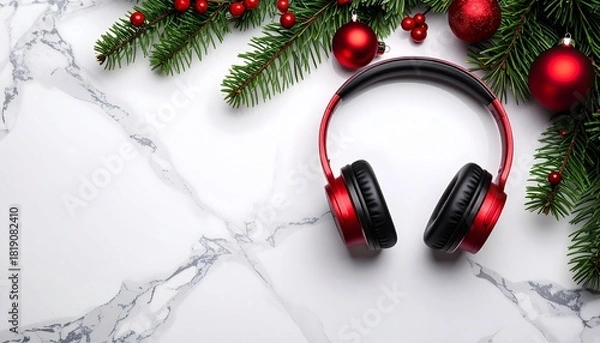 Obraz Festive headphones with holiday greenery and ornaments, perfect for seasonal celebrations and winter music enjoyment