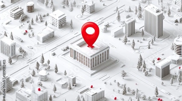 Obraz Isometric white city with a red map pin on a building