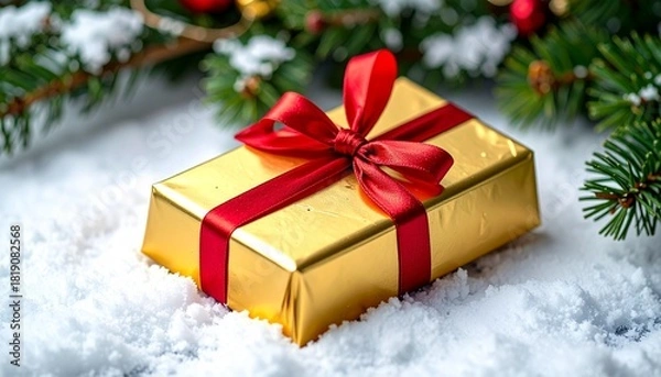 Obraz Beautiful golden gift box with a bright red ribbon and bow, resting on sparkling white snow, symbolizing the joyful spirit of Christmas and holiday giving
