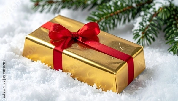 Fototapeta Golden gift box wrapped with a red ribbon, resting on fresh white snow, with a festive fir branch, symbolizing luxury and joy for winter holidays and special celebrations