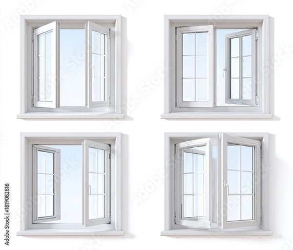 Obraz Four white framed windows partially open, showing sky