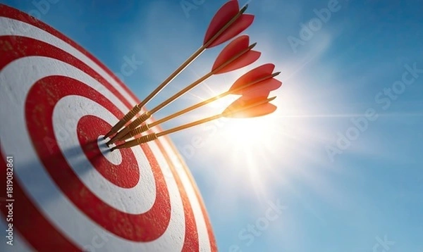 Obraz Three arrows hit a red and white target, center bullseye under bright sunlight