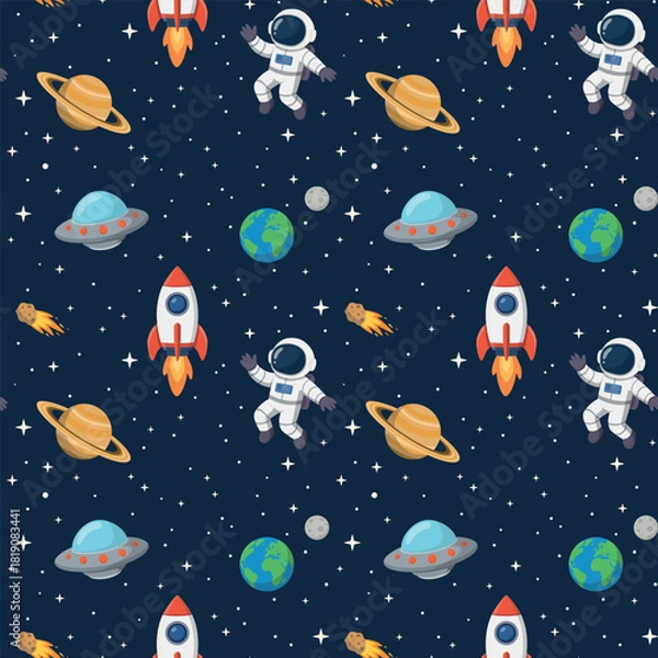Obraz Cartoon Space Rockets, Planets, and Stars Seamless pattern