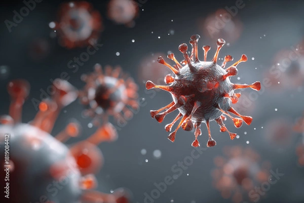 Obraz A detailed microscopic view of red spiky virus particles floating in a dark environment with blurred background elements