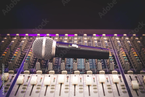 Obraz dynamic microphone on audio mixing console. singing, recording concept