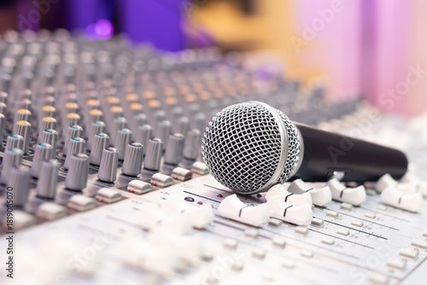 Obraz dynamic microphone on audio mixing console. singing, recording concept