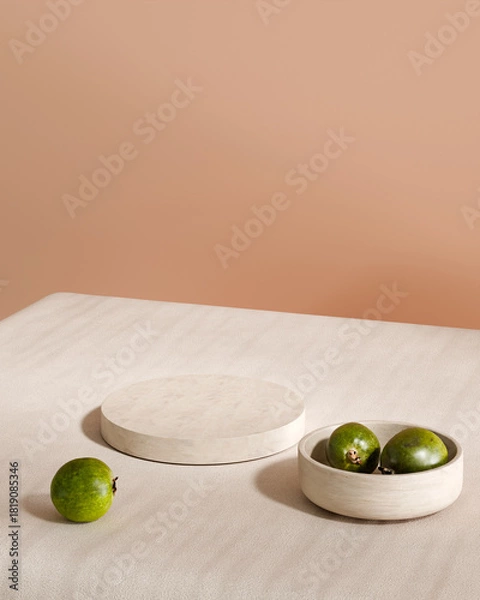 Fototapeta Stone podium with green guava fruits on peach background 3D render